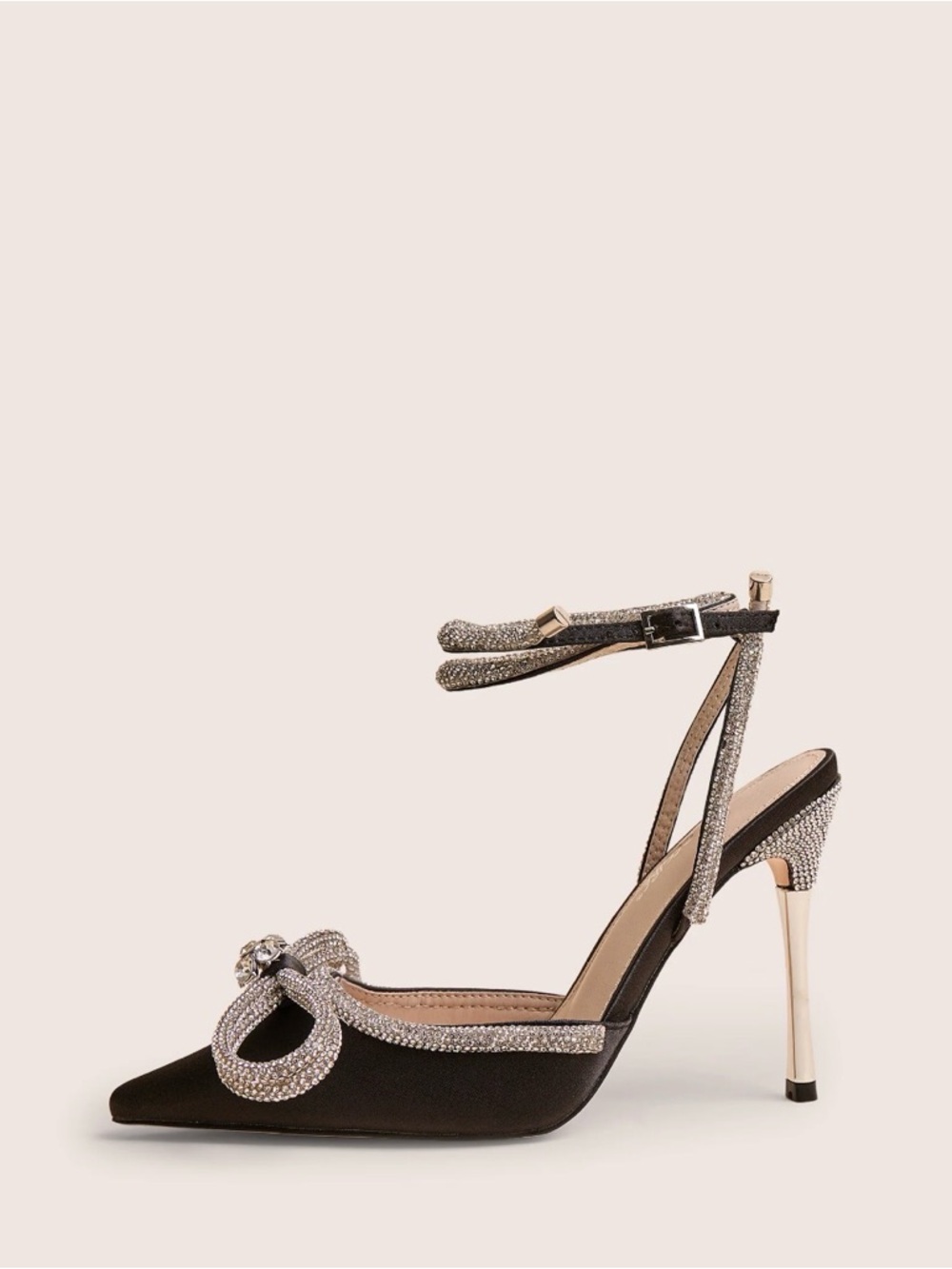 Public Desire Midnight Black Wrap Around Diamante Bow Pointed Toe High Heels